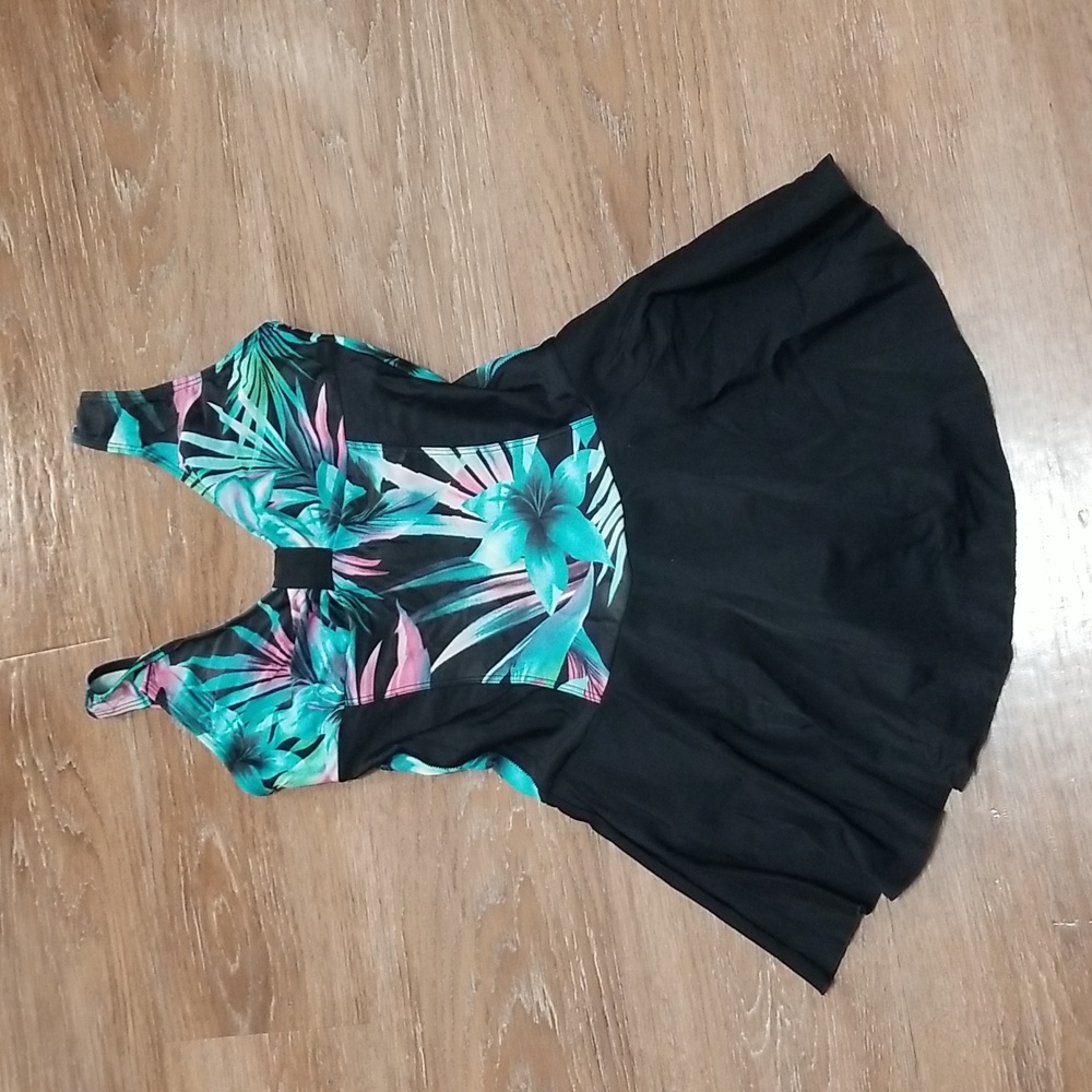 (S) Tropical Print Swimdress Beach One Piece Swimsuit Pool Water Play Vacation